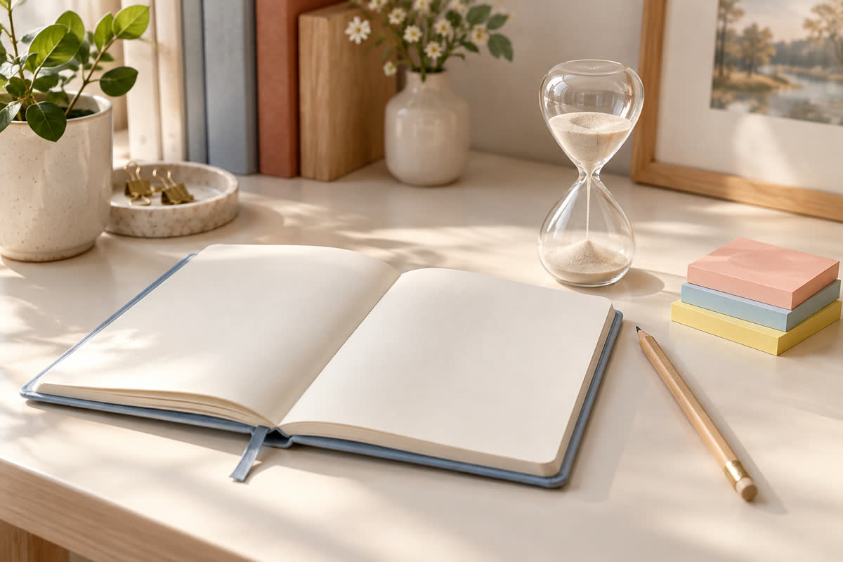 Düzenli çalışma masasında defter, kalem, kum saati ve yapışkan notlar